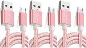 LOT DE 3 CÂBLE Micro USB Nylon ROSE 1 M