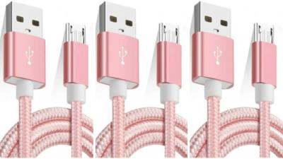 LOT DE 3 CÂBLE Micro USB Nylon ROSE 1 M
