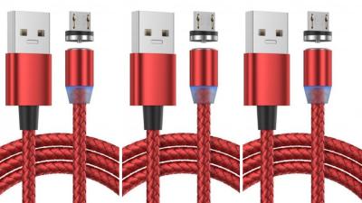 LOT DE  3 Cable micro-USB Magnétique nylon ROUGE 1M