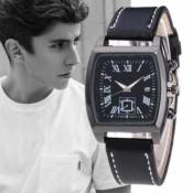 Montre Homme carré Chic Date Cuir Bracelet Acier Inoxydable Imperméable
